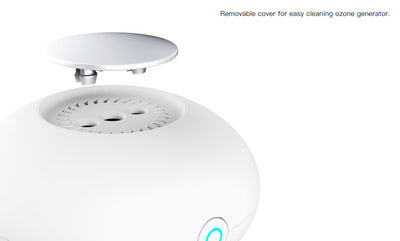 White mini ozone generator and air purifier with a round, compact design and a green indicator light. - Image 9