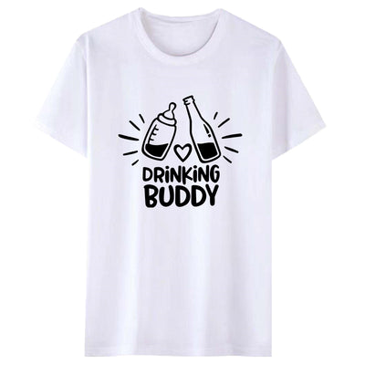 White short-sleeve t-shirt with a black graphic of a baby bottle and a beverage bottle clinking, and "DRINKING BUDDY" text. - Image 12