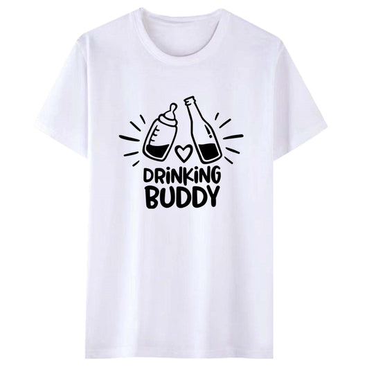 White short-sleeve t-shirt with a black graphic of a baby bottle and a beverage bottle clinking, and "DRINKING BUDDY" text. - Image 12