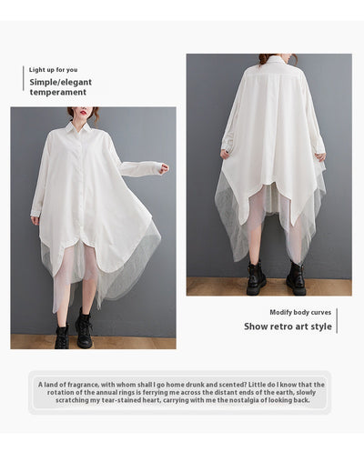 Vestido Camisero Holgado de Doble Capa con Malla Irregular - Image 10