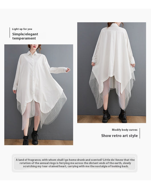 Vestido Camisero Holgado de Doble Capa con Malla Irregular - Image 10