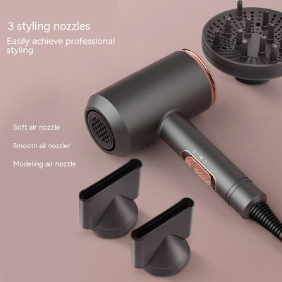 Dark gray high-power anion hair dryer with rose gold accents, two concentrator nozzles, and a diffuser. - Image 6