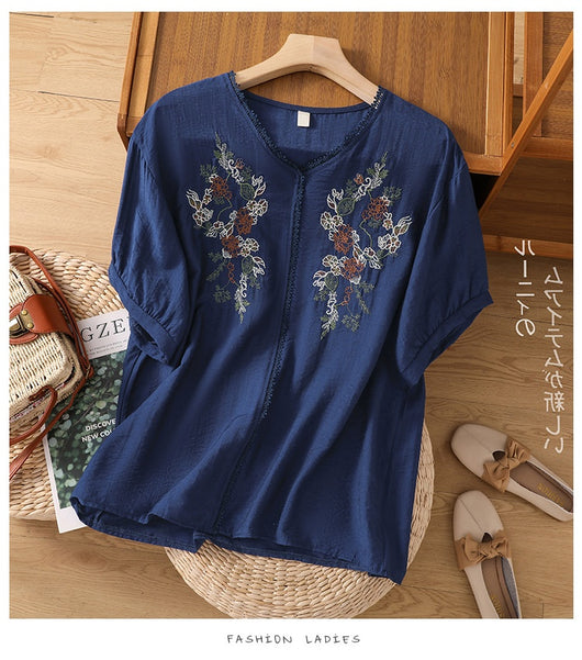 Blusa Suelta de Algodón y Lino con Escote V y Manga Corta para Mujer - Image 64