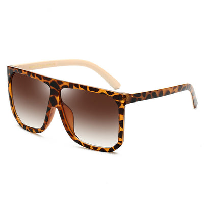 Large frame flat top sunglasses with black frames, brown gradient lenses, and subtle leopard print detail. - Image 18