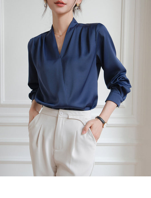 Blusa de Satén con Escote en V para Mujer - Elegancia Profesional - Image 3