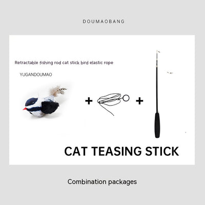 Red plush bird cat toy on a long steel wire stick with an elastic rope, designed for interactive pet play. - Image 16