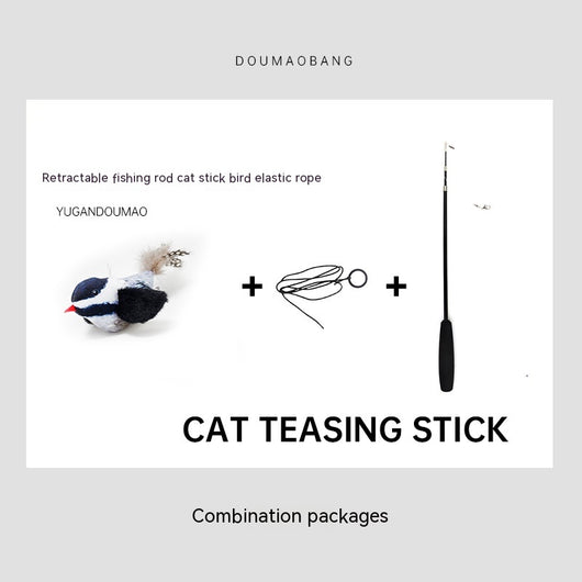Red plush bird cat toy on a long steel wire stick with an elastic rope, designed for interactive pet play. - Image 16
