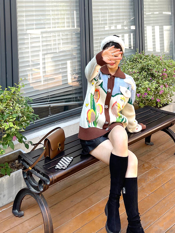 Cardigan de Lana Tejido con Botones de Cristal y Bordado Floral Tulipán