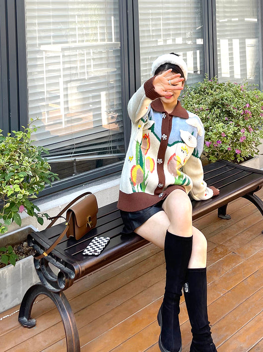 Cardigan de Lana Tejido con Botones de Cristal y Bordado Floral Tulipán