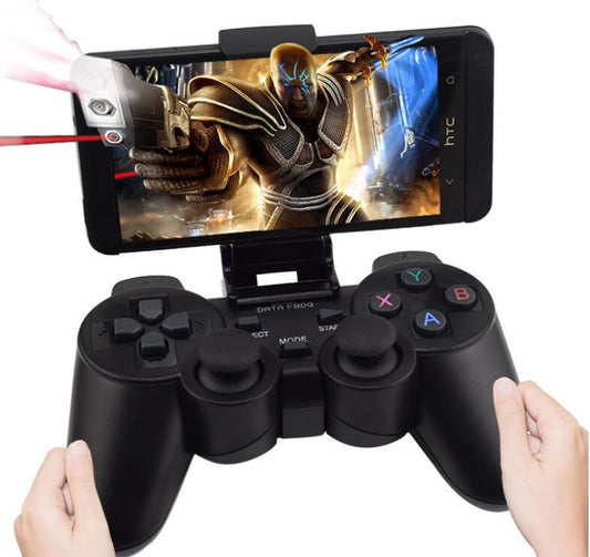 Black wireless Android gamepad with dual analog sticks, D-pad, and face buttons, shown with dimensions.