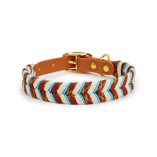 Braided dog collar with chevron pattern in cream and brown, featuring a cream strap and gold-tone metal buckle. - Image 3