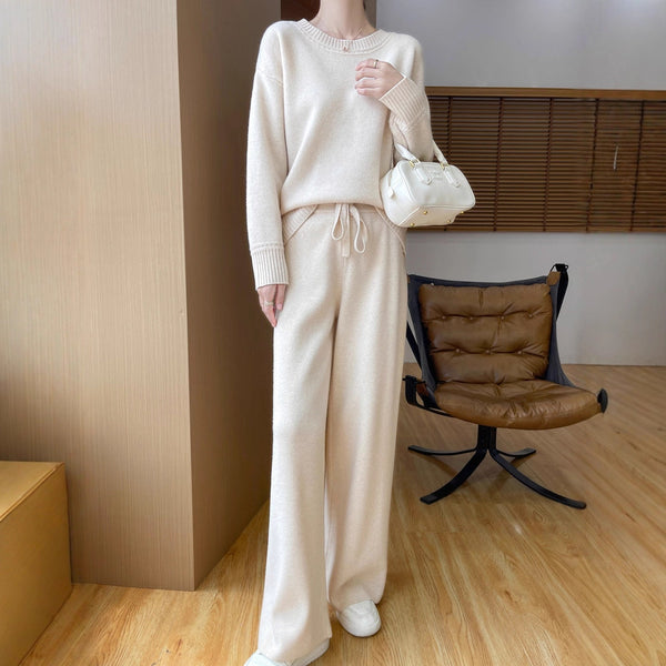 Conjunto de Abrigo Tejido Grueso Lana Australiana - Suéter Escote Redondo Estilo Occidental + Pantalón Recto