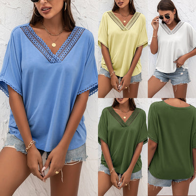 Suéter Suelto de Verano con Cuello V y Detalles Calados