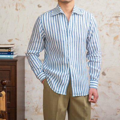 Camisa de Lino a Rayas con Manga Larga y Cuello Clásico