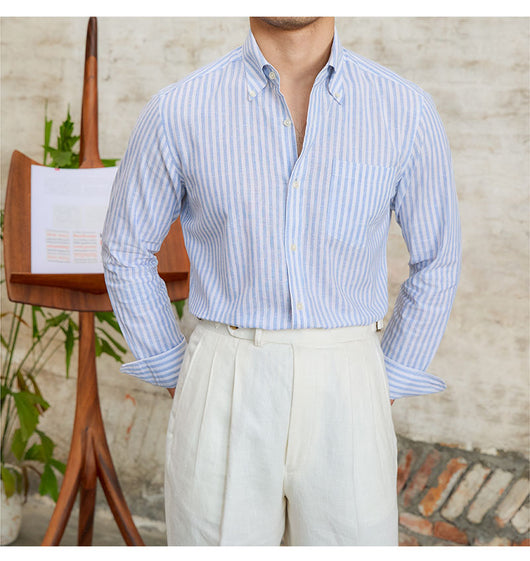 Camisa Elegante de Algodón y Lino con Rayas - Manga Larga Clásica - Image 6