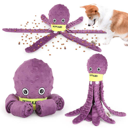 Blue plush octopus dog snuffle toy with a cartoon crying face and a yellow "PETFULED" band, designed for interactive play. - Image 4
