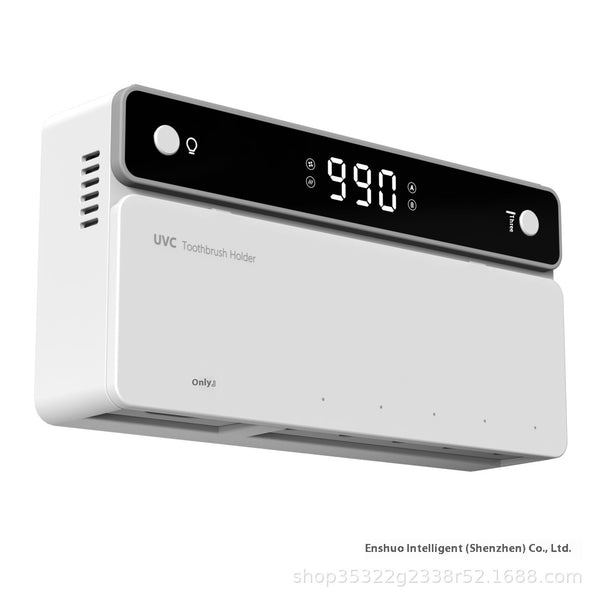 Black wall-mounted UVC toothbrush sterilizer with digital display, holding one manual and three electric toothbrushes.
