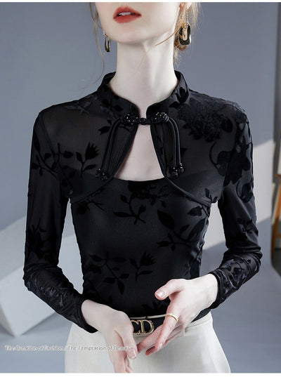 Blusa Base Layer Qipao Ajustada con Cuello Mao y Jacquard - Image 7