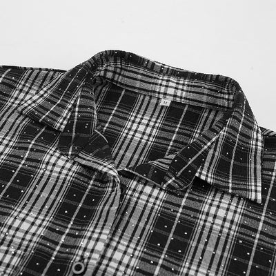Camisa Cuadriculada Retro Negro y Blanco con Cristales Adhesivos Fashion - Image 14