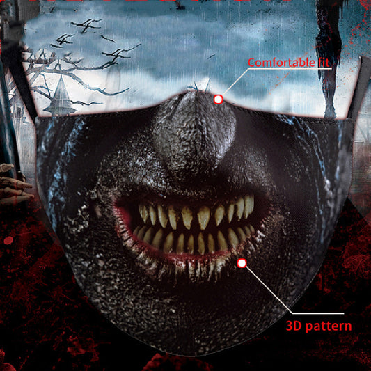 Halloween dust mask with a split design, featuring half a human face with pink lips and half a dark robotic face.