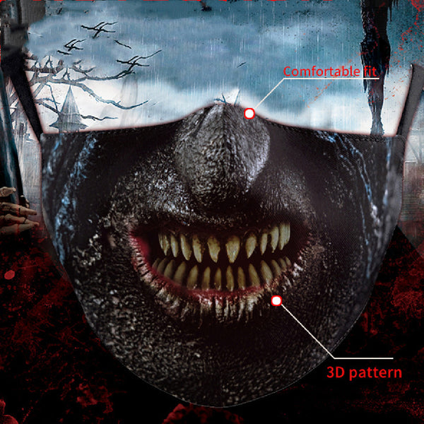 Halloween dust mask with a split design, featuring half a human face with pink lips and half a dark robotic face.