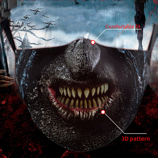 Halloween dust mask with a split design, featuring half a human face with pink lips and half a dark robotic face.
