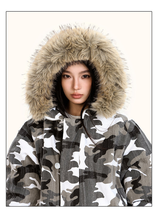 Chaqueta Acolchada de Algodón con Cuello de Pelaje y Diseño Camuflaje Retro - Image 8