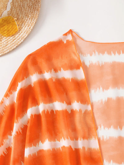 Women's orange and white tie-dye chiffon three-piece swimsuit with a bandeau bikini top and matching bottoms. - Image 6