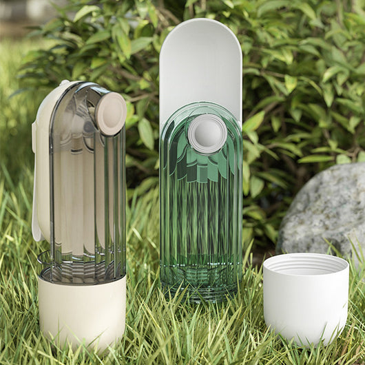 Beige and clear 2-in-1 pet water cup with segment design, 21.5cm tall, for dog walking and feeding. - Image 4