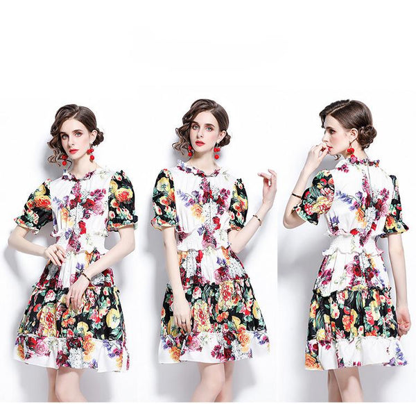 Vestido Estampado de Rosas con Mangas Linterna