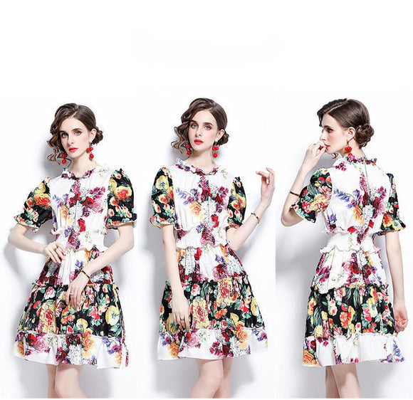 Vestido Estampado de Rosas con Mangas Linterna
