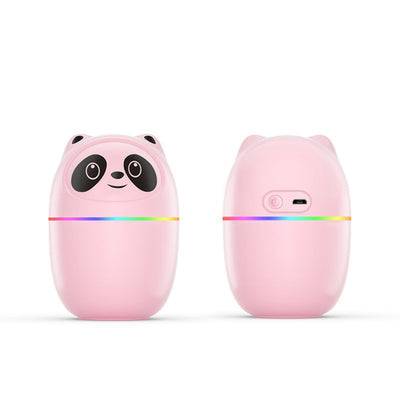 Pink panda mini humidifier with a smiling face and a rainbow LED light band around its middle. - Image 4