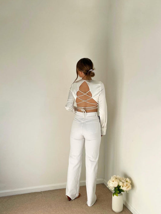 Blusa de Satén Blanca Manga Corta para Mujer