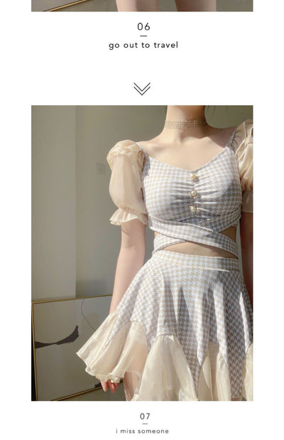 Women's conservative two-piece swimsuit with beige and white houndstooth pattern, sheer puff sleeves, and a flared skirt. - Image 14