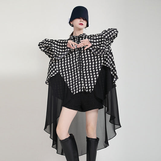 Vestido Camisero Estampado con Mangas Acampanadas Efecto Dos Piezas