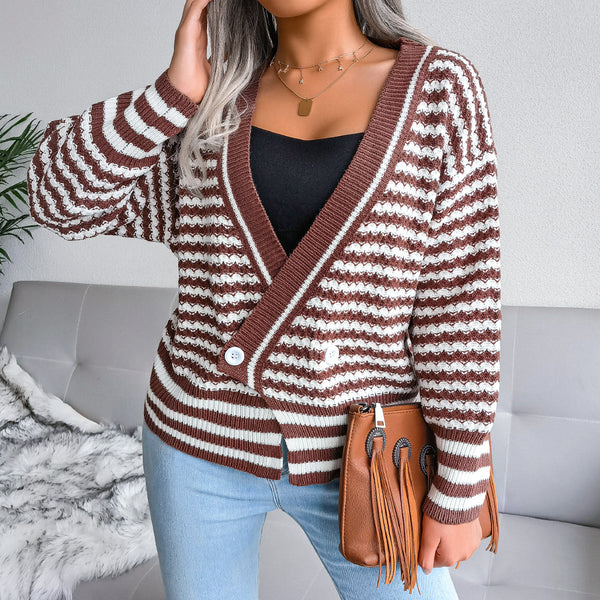 Suéter Tejido de Cuello V con Rayas y Mangas Largas para Otoño e Invierno