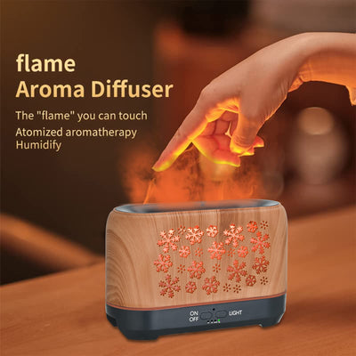 Wood grain humidifier with snowflake pattern, emitting blue flame-like mist, shown with remote control and other color options. - Image 4