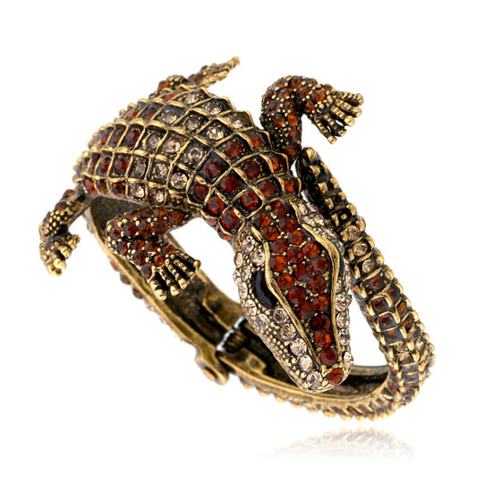 Brazalete Tipo Brazalete Vintage de Cocodrilo y Diamantes Exagerado