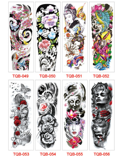 Full arm temporary tattoo sticker with a black, red, and light blue tribal design, featuring abstract shapes and patterns. - Image 53