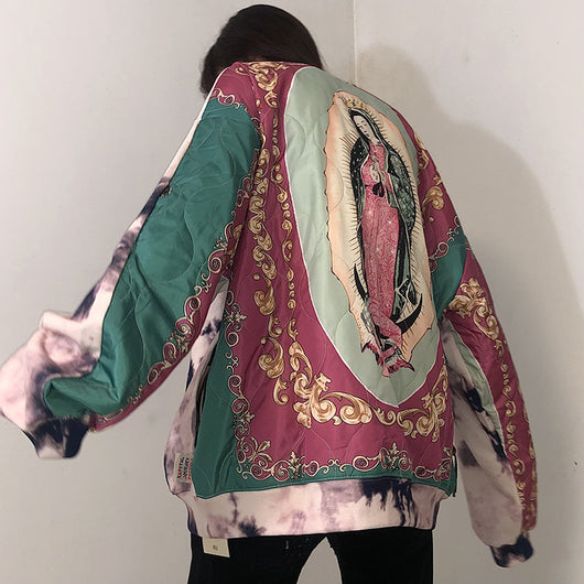 Suéter Hombre Tie-Dye Retro Japonés con Virgen María y Costuras Artesanales - Image 3