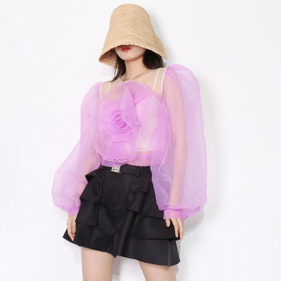 Blusa Cuello Redondo con Mangas Abullonadas y Flores en Relieve - Image 26