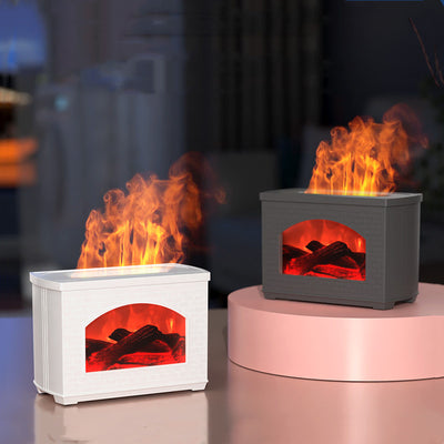 White simulated flame light effect humidifier with a brick texture, displaying realistic logs and a warm glow. - Image 7