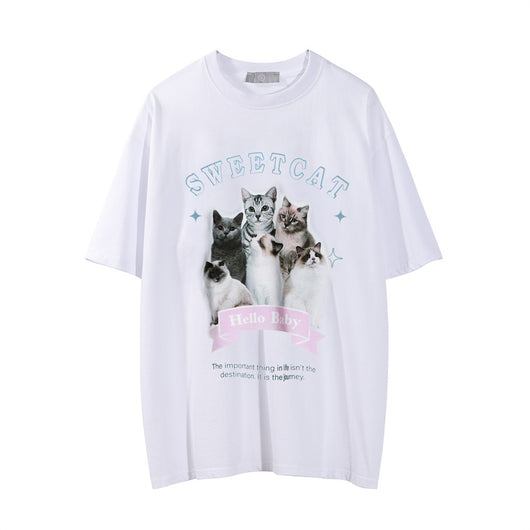 Camiseta Estampado Gatito Efecto Desgastado Manga Corta para Hombre - Image 7