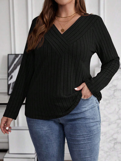 Suéter Tipo Polera Plus Size Cuello V Cruzado Manga Larga Textura Acanalada - Image 25