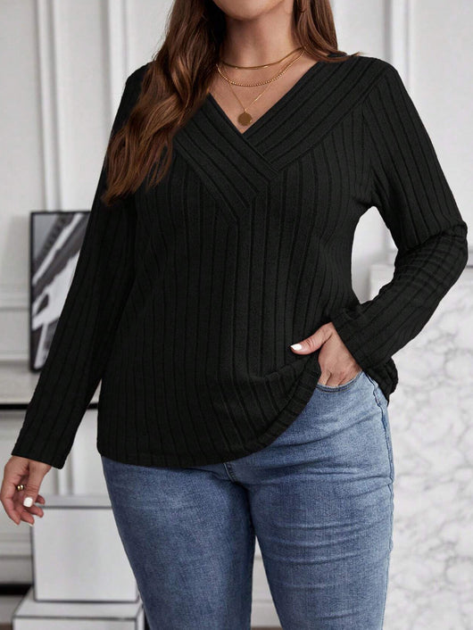 Suéter Tipo Polera Plus Size Cuello V Cruzado Manga Larga Textura Acanalada - Image 25