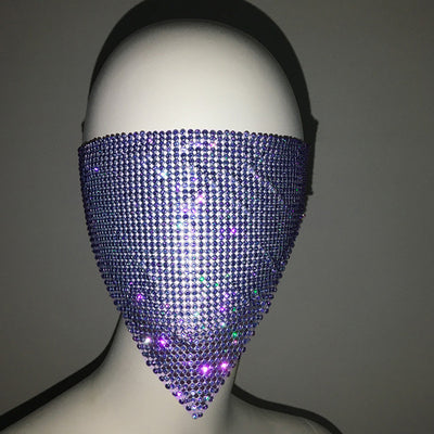 Gold rhinestone mask made of metal mesh, covering the face from the eyes to below the chin, displayed on a white mannequin head. - Image 32