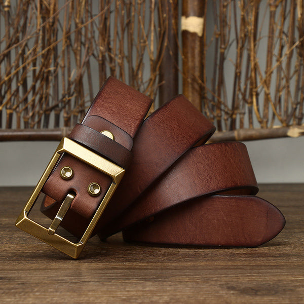 Cinturón de Cuero Genuino para Hombre con Hebilla de Bronce