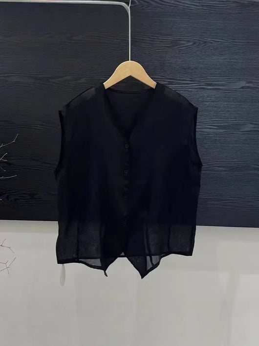 V-neck Sleeveless Solid Color Loose Cardigan Simple Single-breasted Top