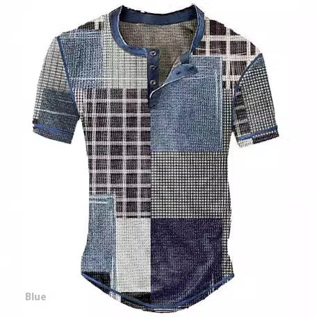 Camisa Henley Estampada de Cuadros Color Block para Hombre - Image 3