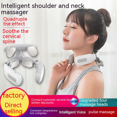 White and gray U-shaped neck massager with six silver electrode pads and control buttons on one arm. - Image 12
